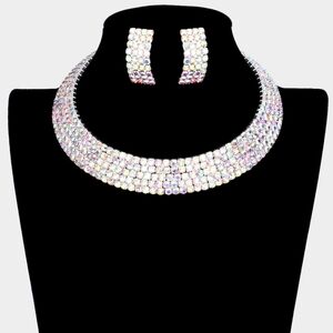 Abalone Rhinestone Crystal Necklace Choker Five Row Cuff Formal Jewelry Set